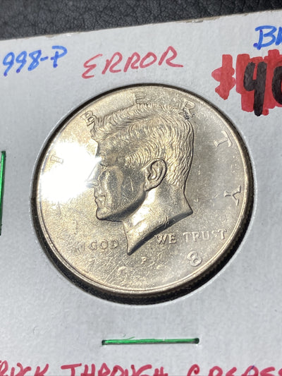 1998 P + 1996 P Kennedy Half Dollars + 1976 Quarter - Struck through Mint Errors