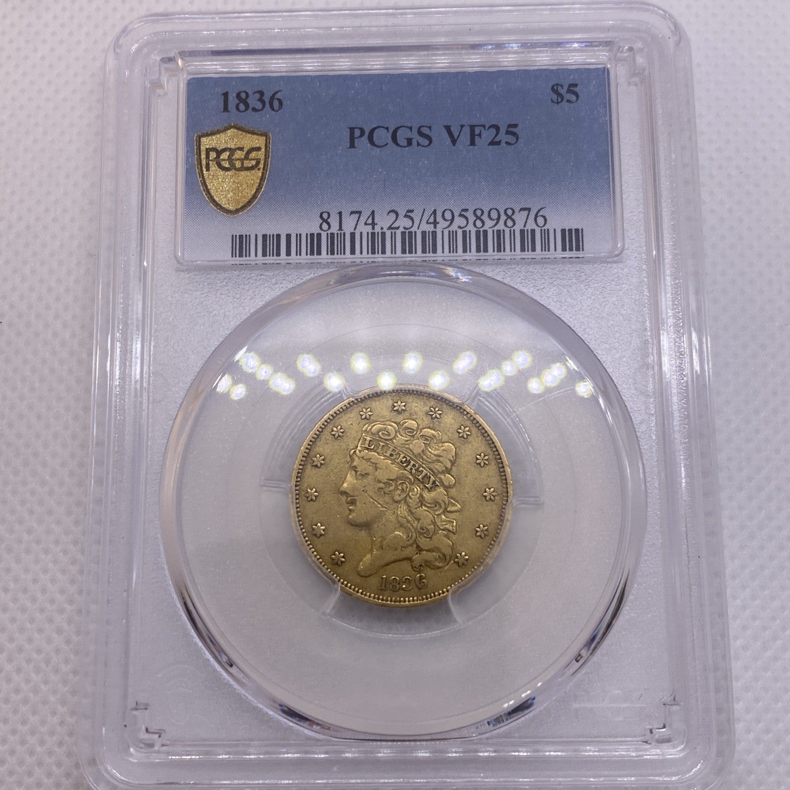 1836 $5 PCGS VF25 Classic Head Gold Coin BEAUTIFUL! RARE EARLY US GOLD