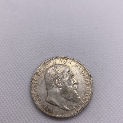 1909 F 3 Mark GERMAN States WURTTEMBERG WILHELM II 90% Silver Coin RARE #56644