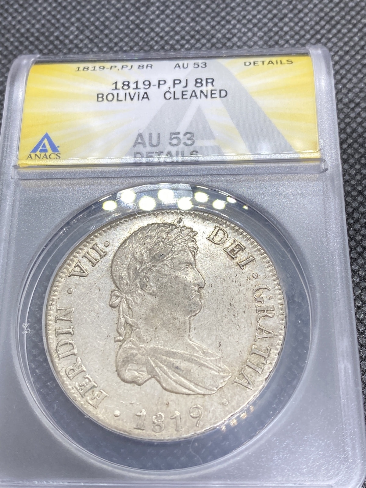 1819 PTS PJ Bolivia Silver 8R 8 Reales AU 53 Details Anacs Silver Potosi #567