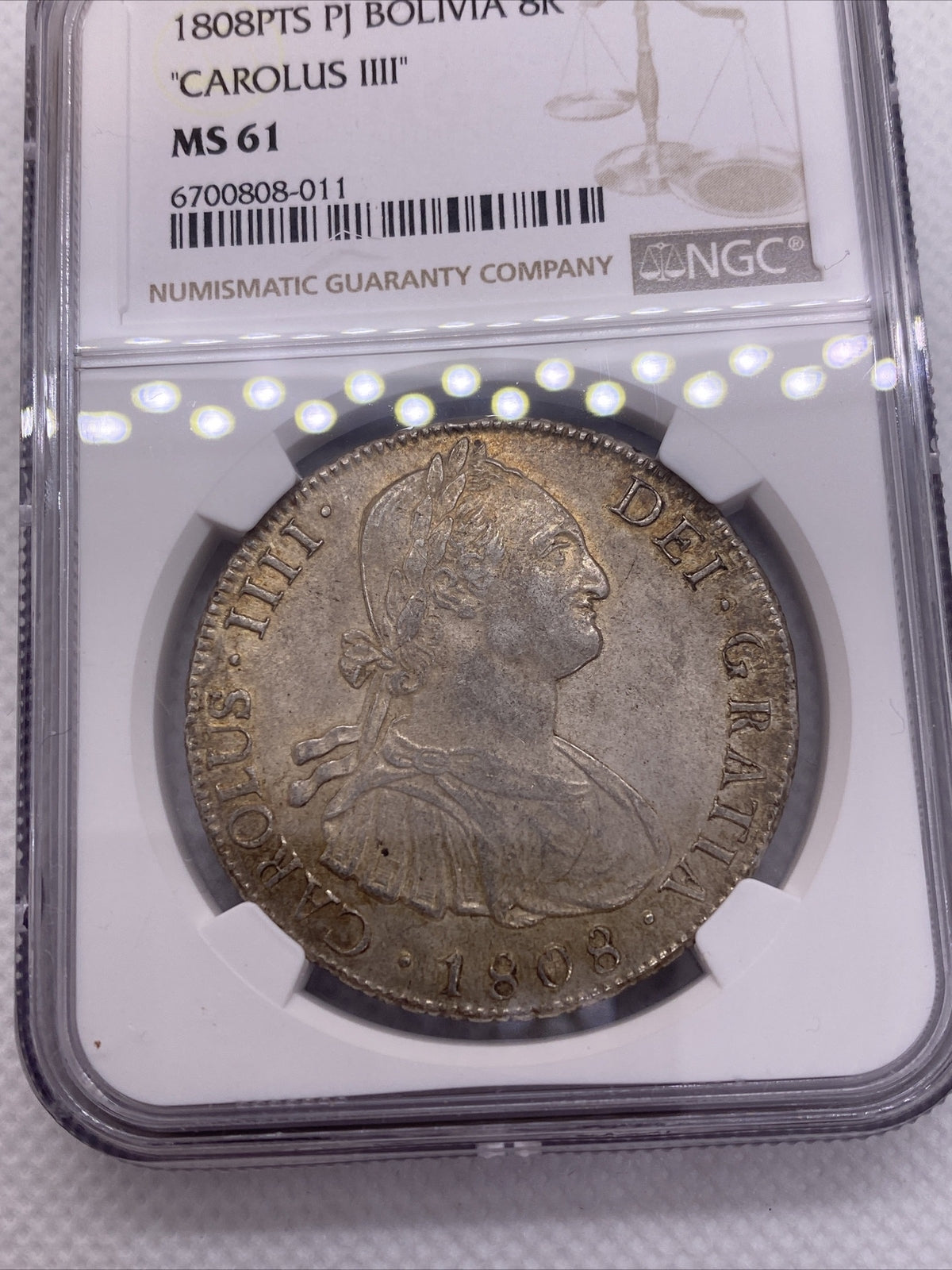 1808 PTS PJ SILVER CHARLES IIII 8 REALES BOLIVIA NGC MS-61 VERY RARE UNC COIN