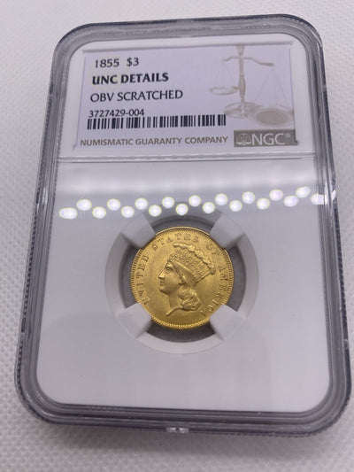 1855 $3 Three Dollar Gold Coin NGC UNC Beautiful Original Early US Gold Rare