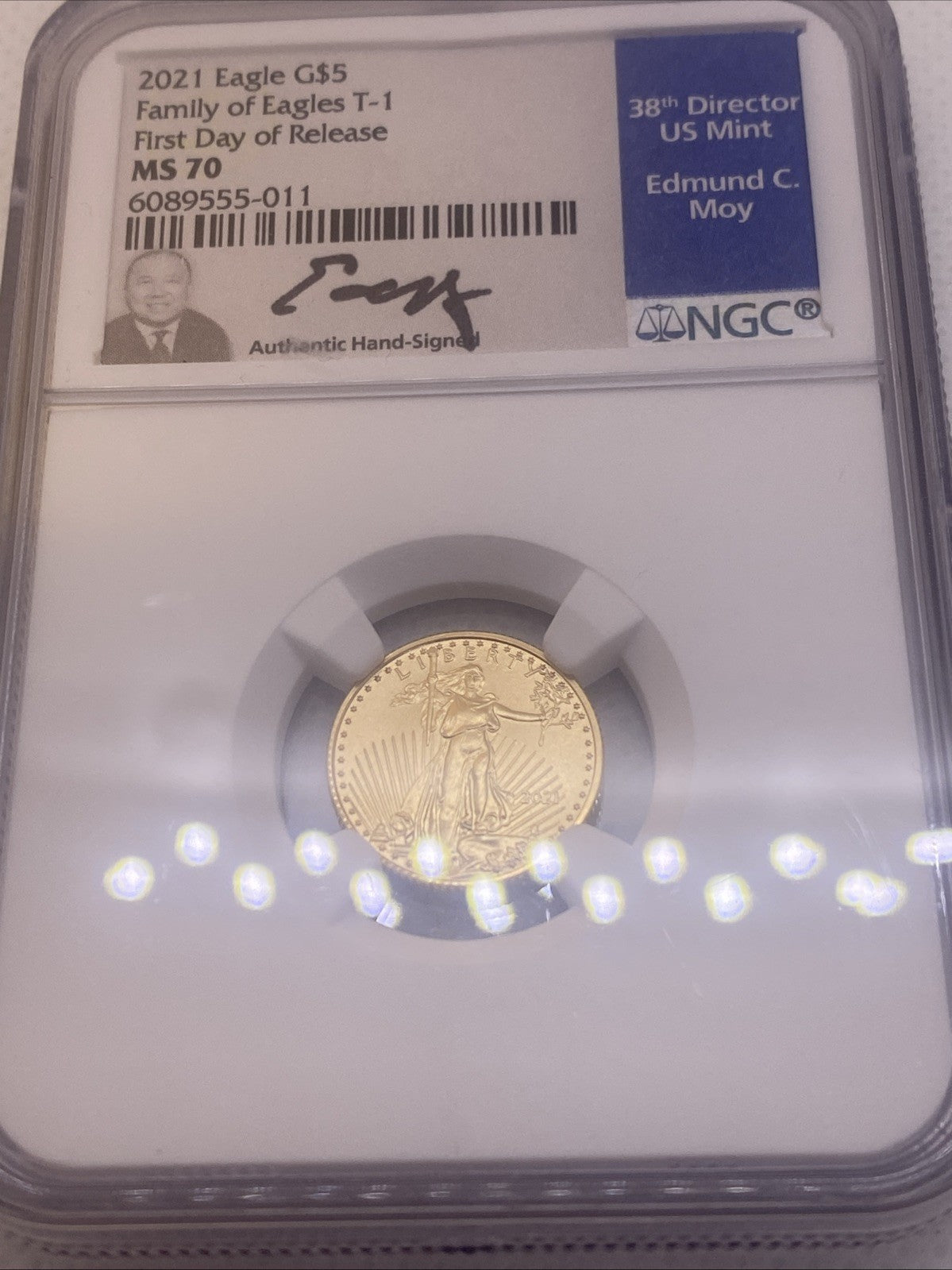 2021 $5 Gold Eagle NGC  TYPE 1 FDOI MS70 First Day FDI Edward Moy Signed Rare