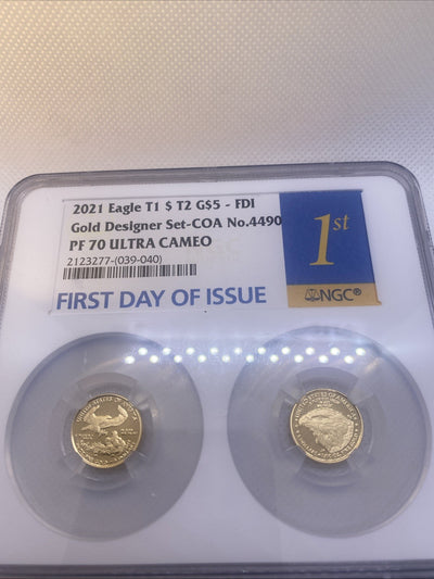 2021-W T1 and T2 Set Designer Ed. Gold Eagle 1/10 oz NGC PF70 FDOI First Day