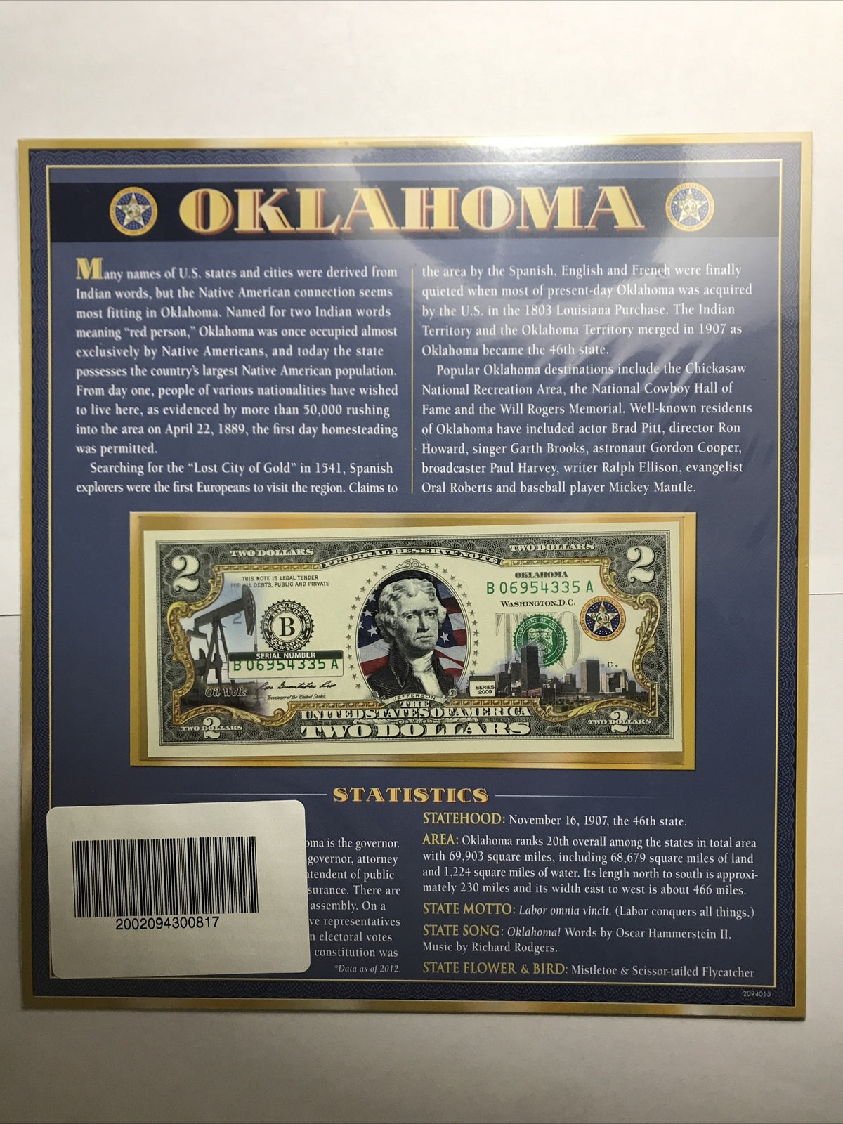 COLORIZED $2 NOTE SET VERMONT and OKLAHOMA GENUINE LEGAL TENDER