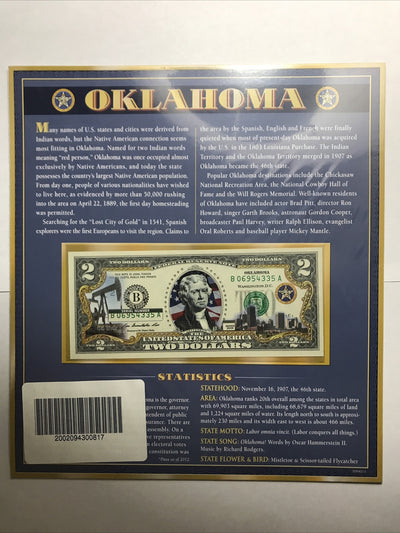 COLORIZED $2 NOTE SET VERMONT and OKLAHOMA GENUINE LEGAL TENDER
