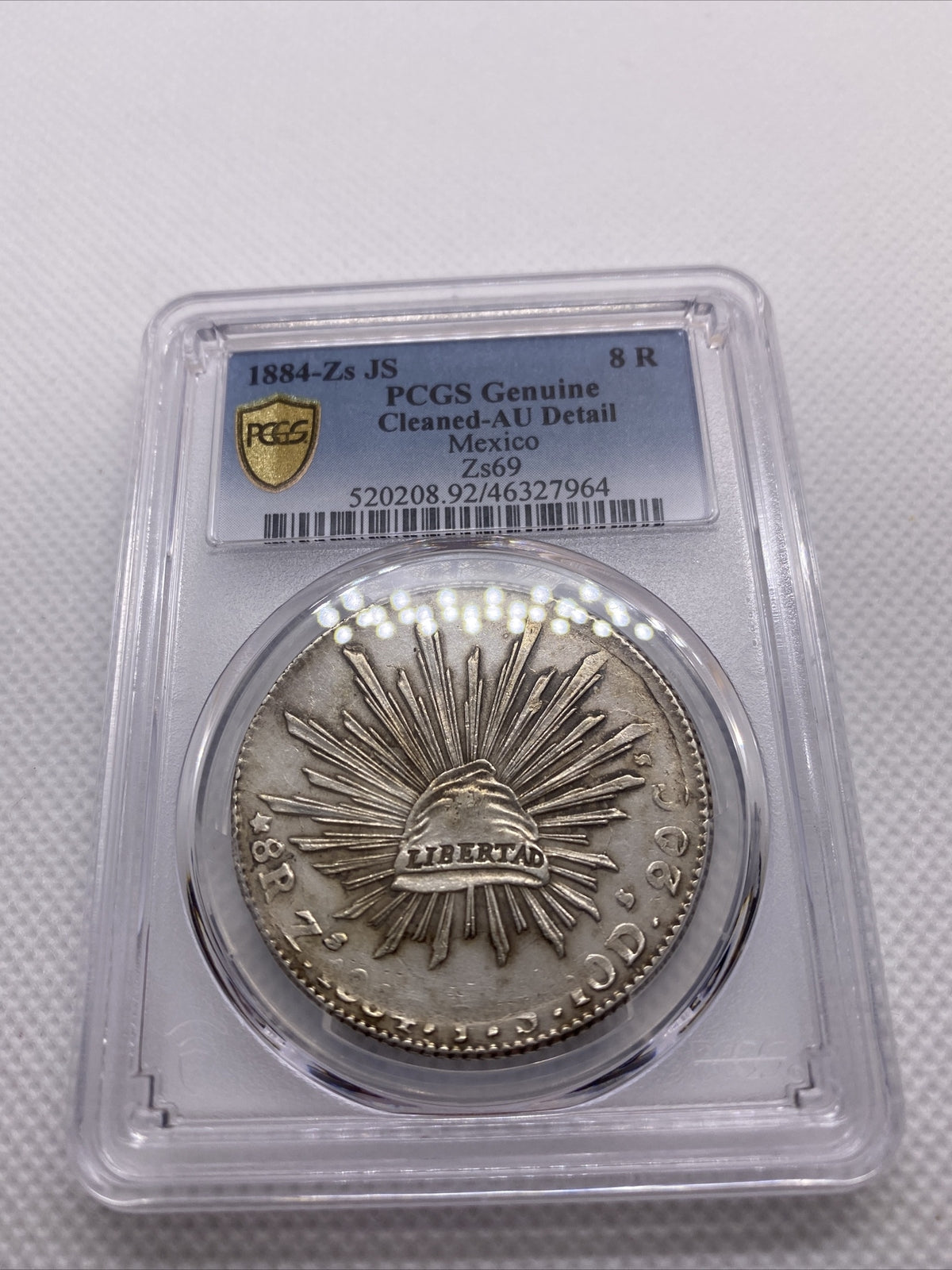 1884 Zs JS 8 Reales Zs69 PCGS AU Details 8R Mexico Silver Coin STRUCK THRU #7964