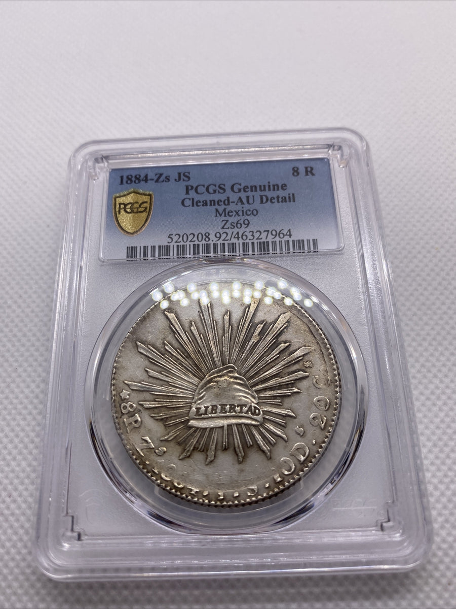 1884 Zs JS 8 Reales Zs69 PCGS AU Details 8R Mexico Silver Coin STRUCK THRU #7964