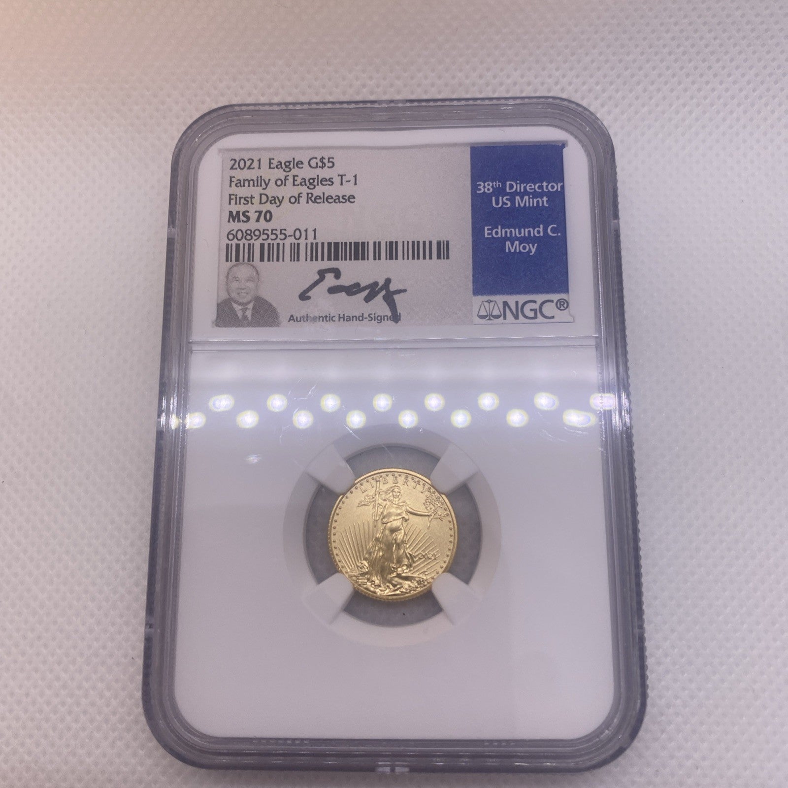 2021 $5 Gold Eagle NGC  TYPE 1 FDOI MS70 First Day FDI Edward Moy Signed Rare