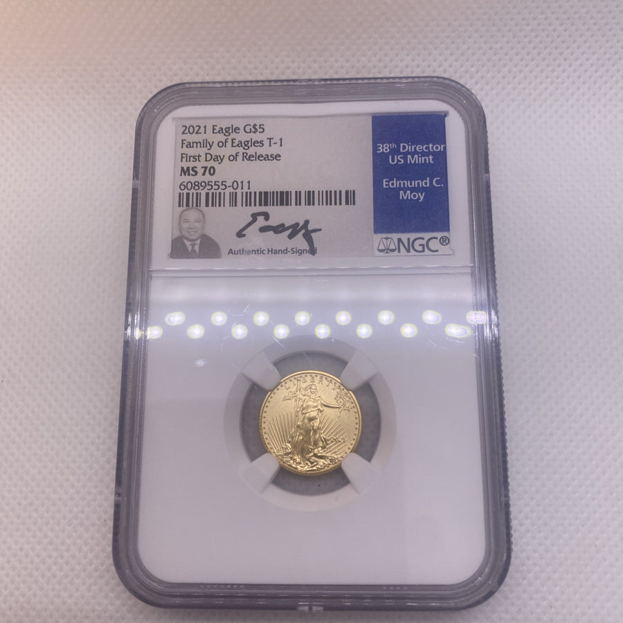 2021 $5 Gold Eagle NGC  TYPE 1 FDOI MS70 First Day FDI Edward Moy Signed Rare