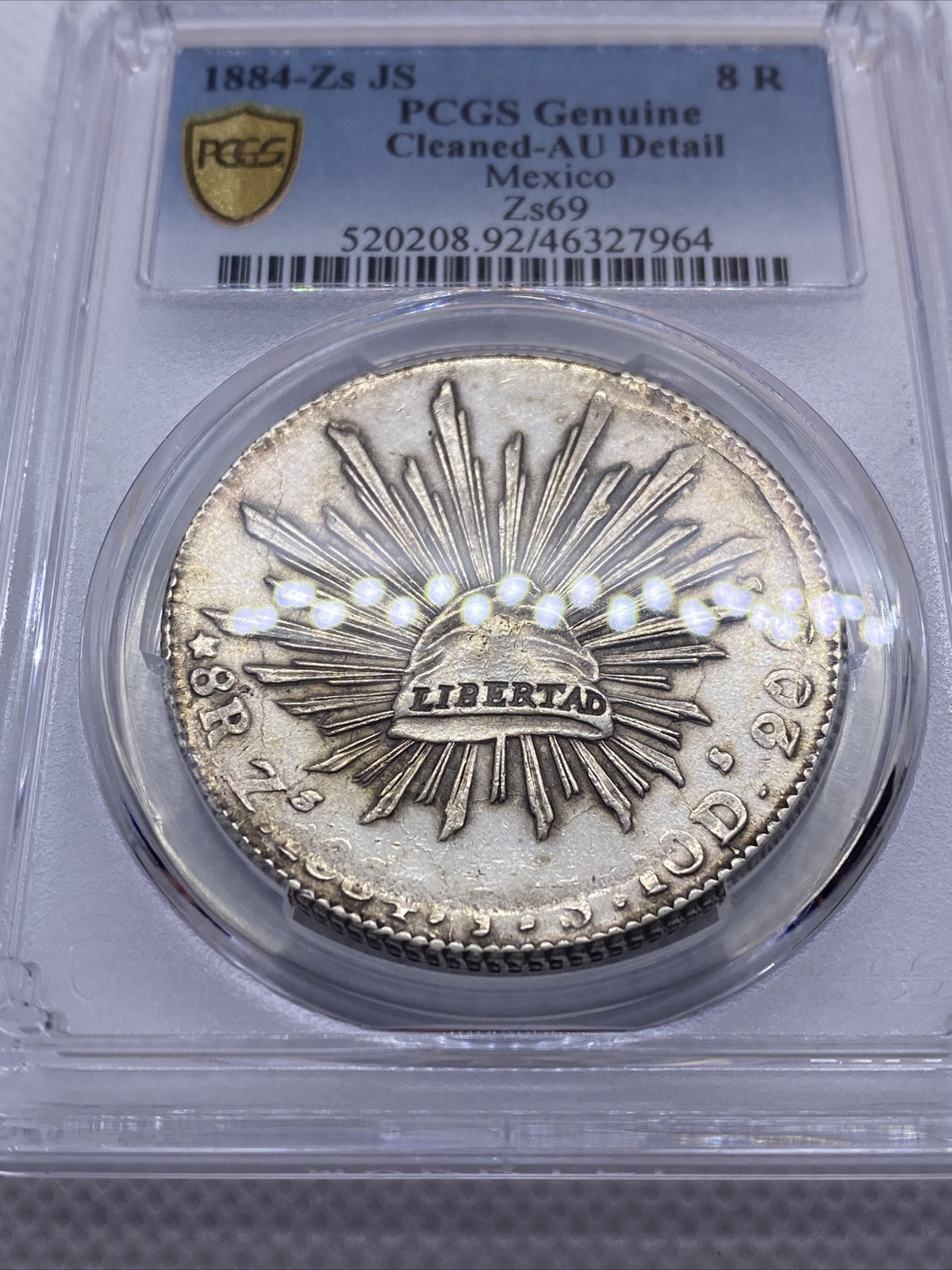 1884 Zs JS 8 Reales Zs69 PCGS AU Details 8R Mexico Silver Coin STRUCK THRU #7964