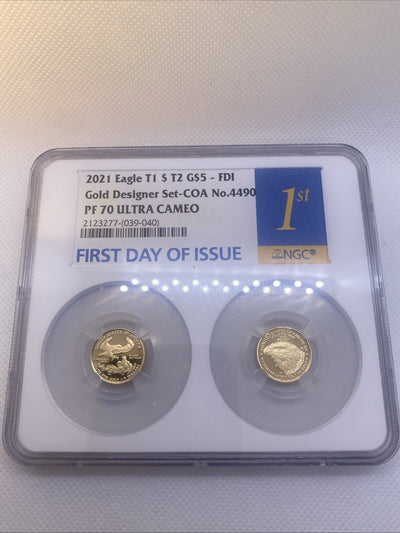 2021-W T1 and T2 Set Designer Ed. Gold Eagle 1/10 oz NGC PF70 FDOI First Day
