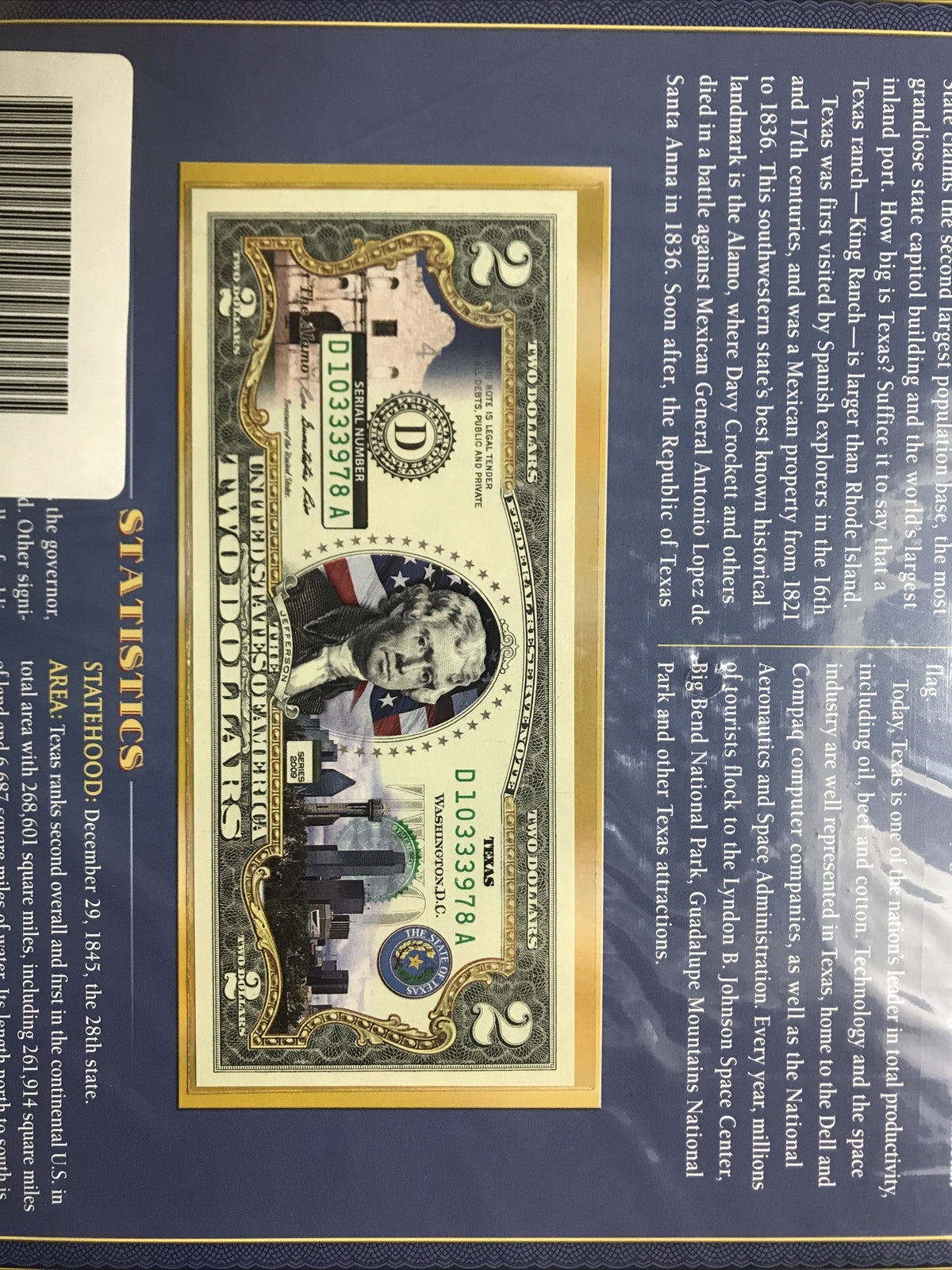 COLORIZED $2 NOTE SET KENTUCKY and TEXAS GENUINE LEGAL TENDER