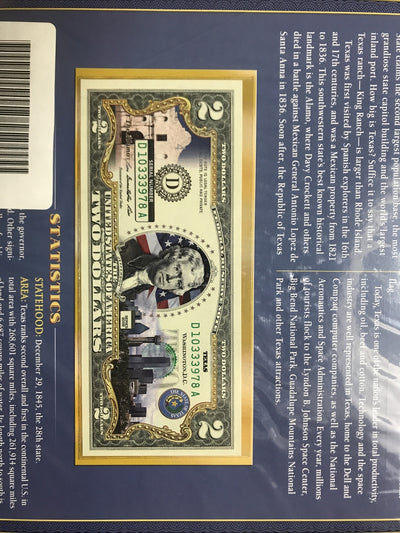 COLORIZED $2 NOTE SET KENTUCKY and TEXAS GENUINE LEGAL TENDER