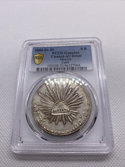 1884 Zs JS 8 Reales Zs69 PCGS AU Details 8R Mexico Silver Coin STRUCK THRU #7964