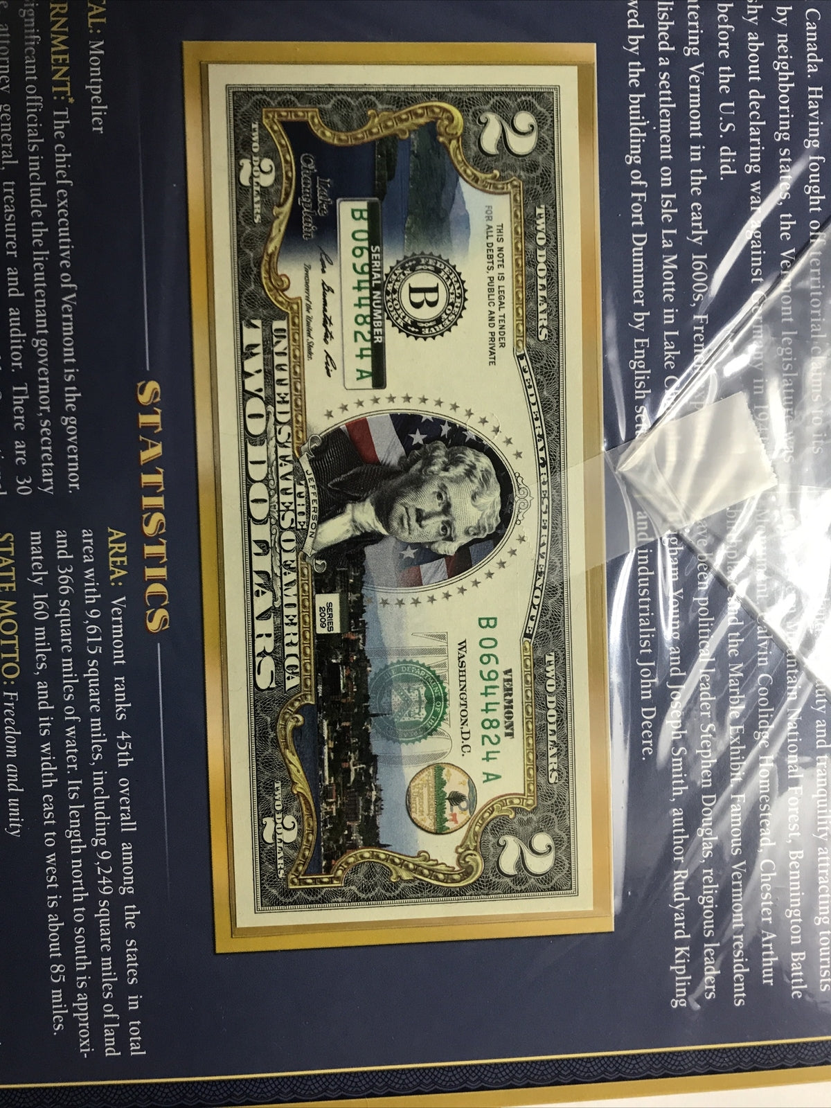 COLORIZED $2 NOTE SET VERMONT and OKLAHOMA GENUINE LEGAL TENDER
