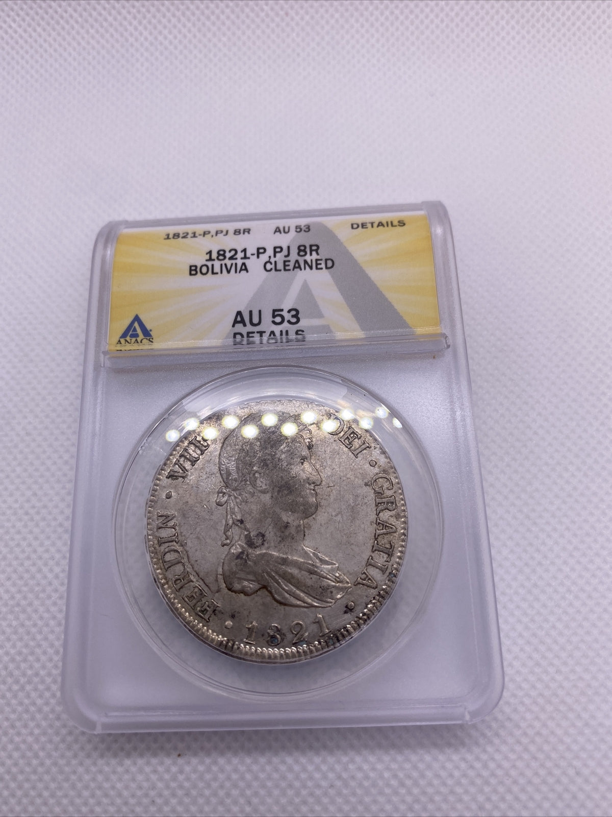 1821 PTS 8 Reales Bolivia Ferdinand VII Silver Anacs AU53 Details Silver #554