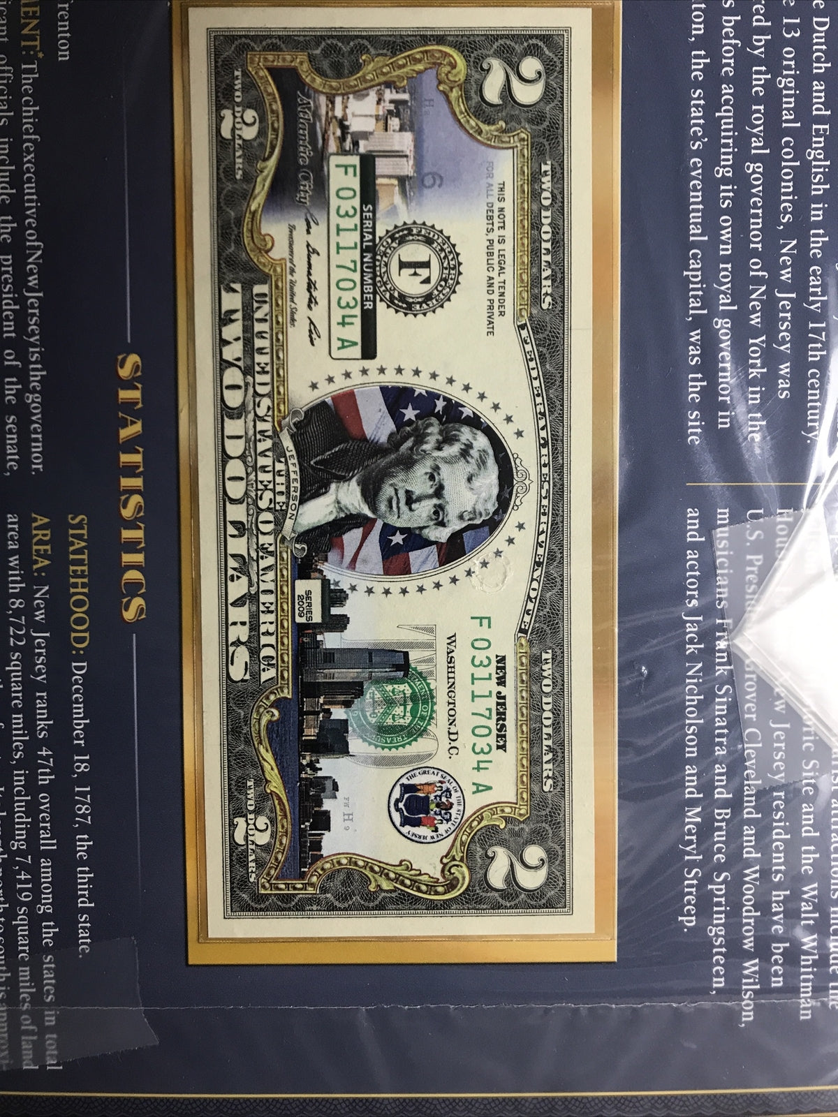 COLORIZED $2 NOTE SET NEW JERSEY and NEW MEXICO GENUINE LEGAL TENDER