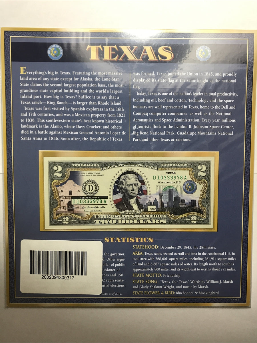 COLORIZED $2 NOTE SET KENTUCKY and TEXAS GENUINE LEGAL TENDER 