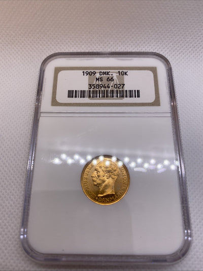 1909 Denmark 10 Kroner Frederik VIII Grade OLD NGC Slab MS 66 Gold Coin #944-027