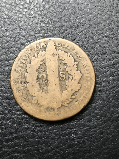 1793 2 sols français FRANCE 2 Sols Strasbourg KM #612 VERY RARE #1792-BB