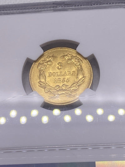 1855 $3 Three Dollar Gold Coin NGC UNC Beautiful Original Early US Gold Rare
