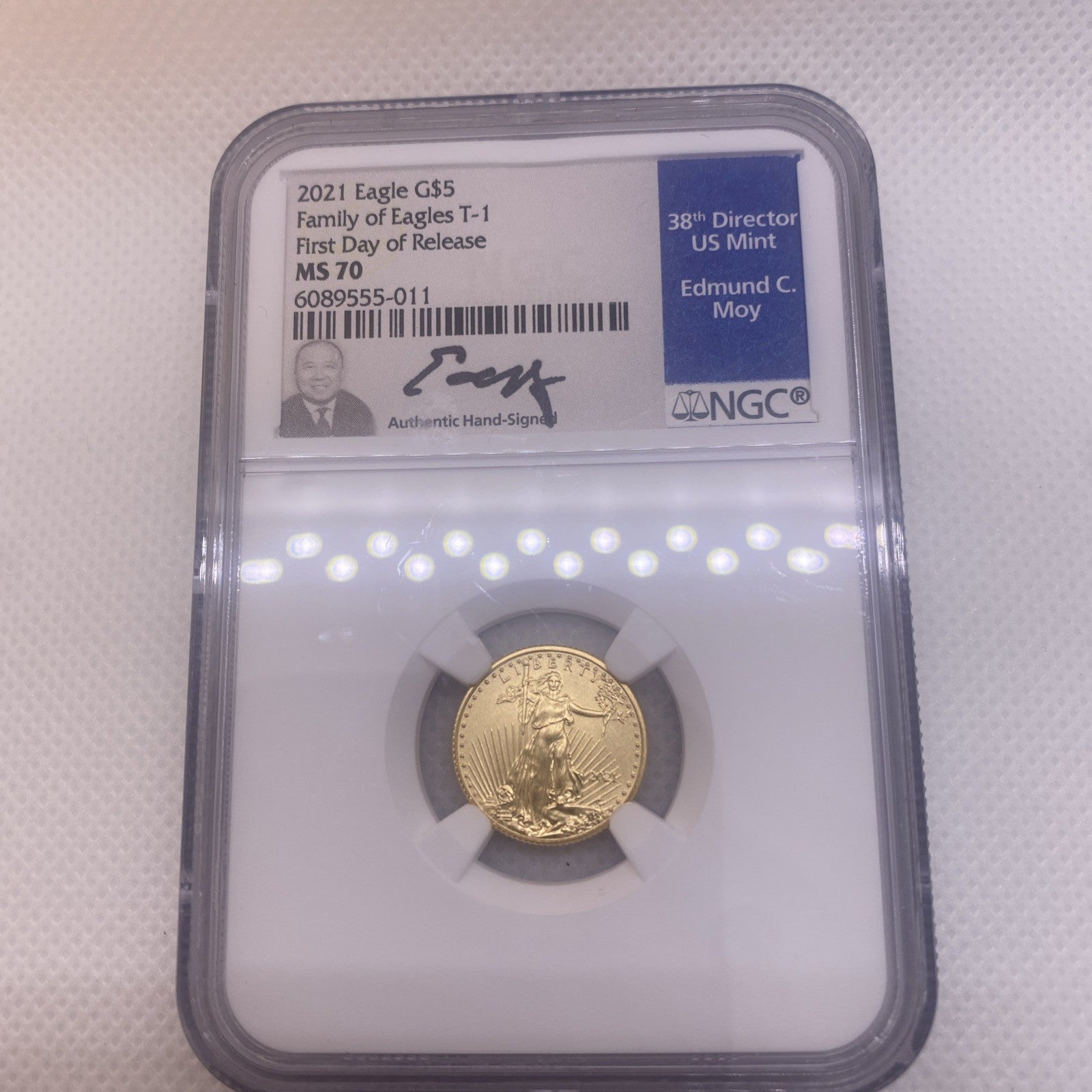 2021 $5 Gold Eagle NGC  TYPE 1 FDOI MS70 First Day FDI Edward Moy Signed Rare