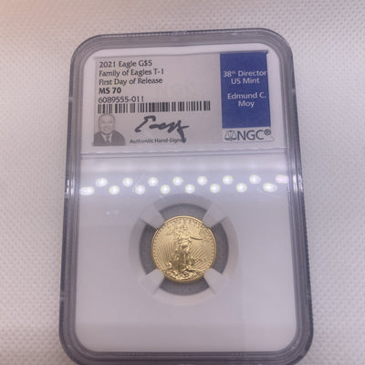 2021 $5 Gold Eagle NGC  TYPE 1 FDOI MS70 First Day FDI Edward Moy Signed Rare