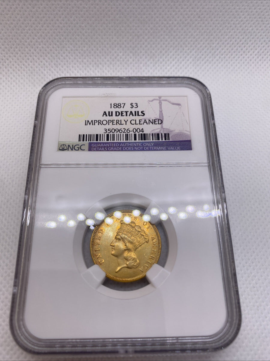 1887 $3 Three Dollar Indian Gold Coin NGC AU Detail RARE LOW Mintage