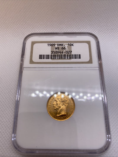 1909 Denmark 10 Kroner Frederik VIII Grade OLD NGC Slab MS 66 Gold Coin #944-027