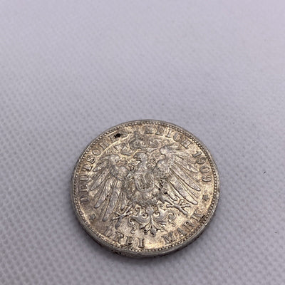 1909 F 3 Mark GERMAN States WURTTEMBERG WILHELM II 90% Silver Coin RARE #56644