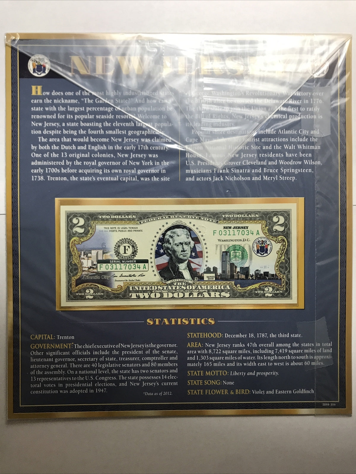 COLORIZED $2 NOTE SET NEW JERSEY and NEW MEXICO GENUINE LEGAL TENDER