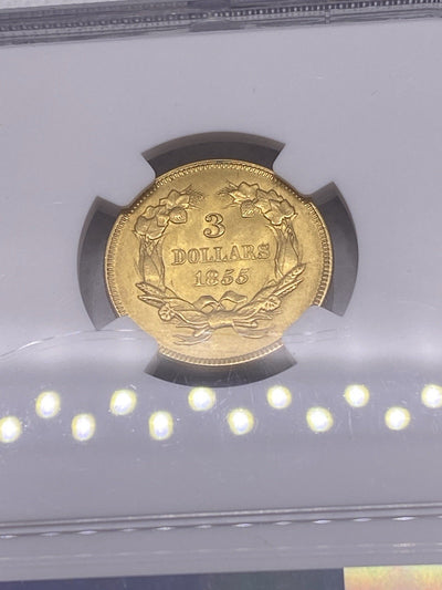 1855 $3 Three Dollar Gold Coin NGC UNC Beautiful Original Early US Gold Rare