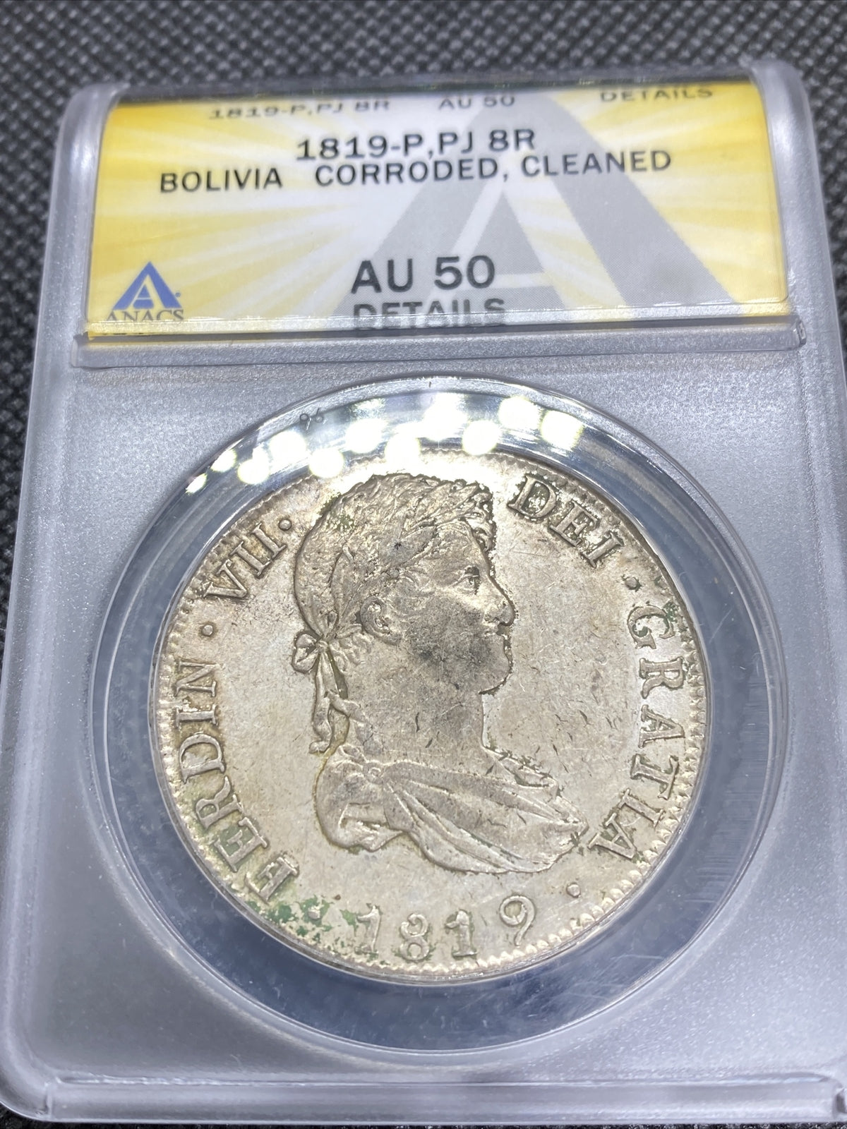 1819 PTS PJ Bolivia Silver 8R 8 Reales AU 50 Details Anacs Silver Potosi #556