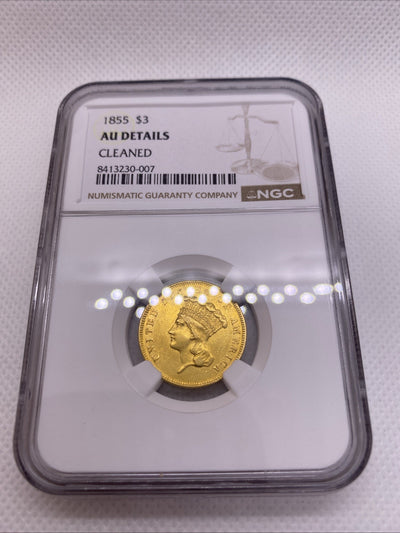 1855 Three Dollar Indian Gold Coin $3 NGC AU Details RARE