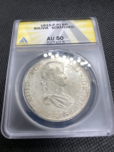 1816 PTS Bolivia 8 Reales 8R Anacs AU50 Details Silver Colonial Rare Potosi #565