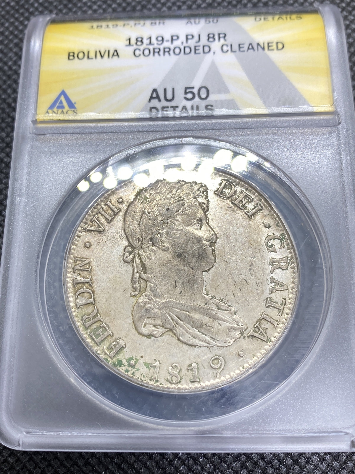 1819 PTS PJ Bolivia Silver 8R 8 Reales AU 50 Details Anacs Silver Potosi #556