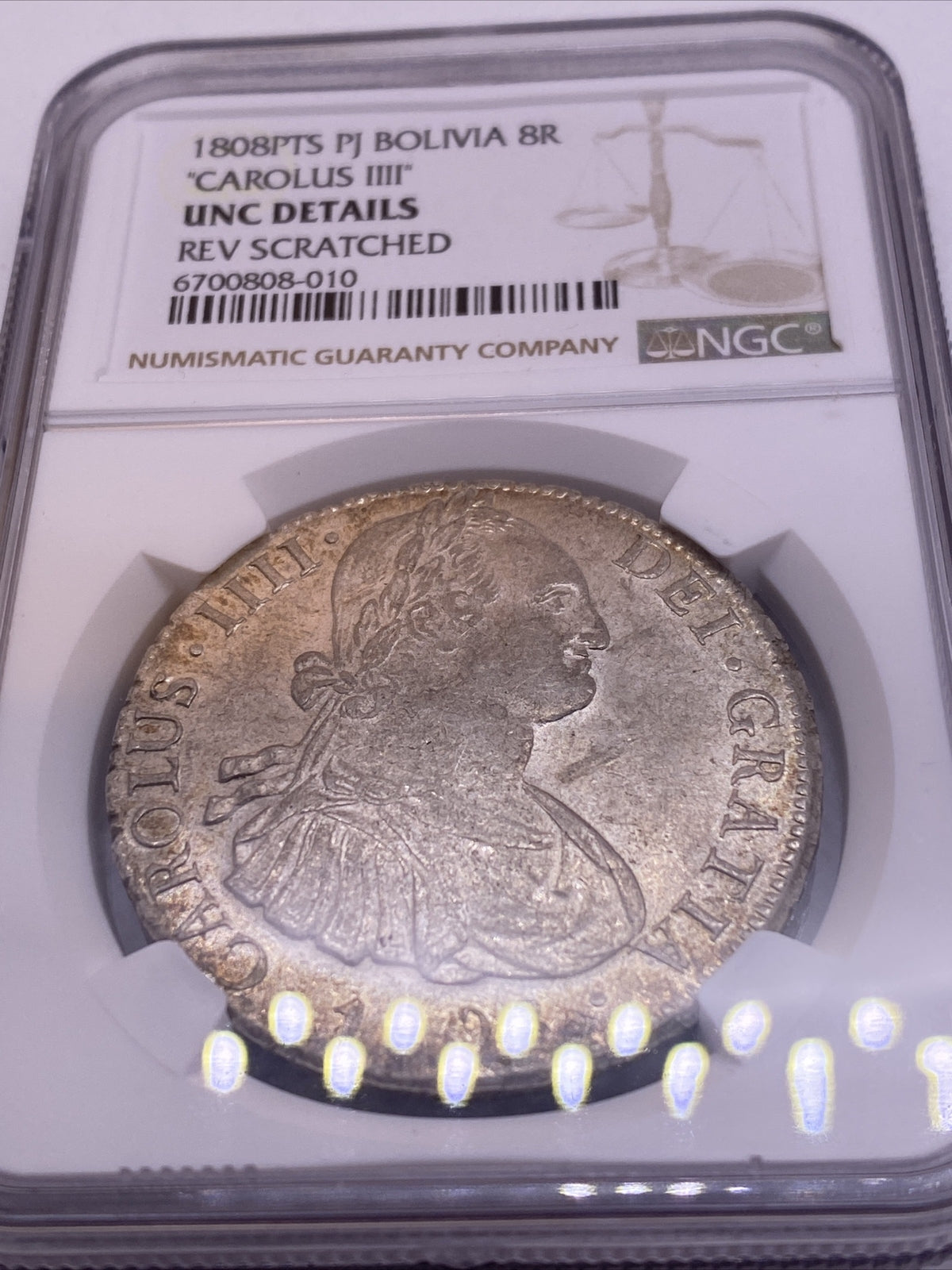 1808 PTS PJ SILVER CHARLES IIII 8 REALES BOLIVIA NGC UNC VERY RARE UNC