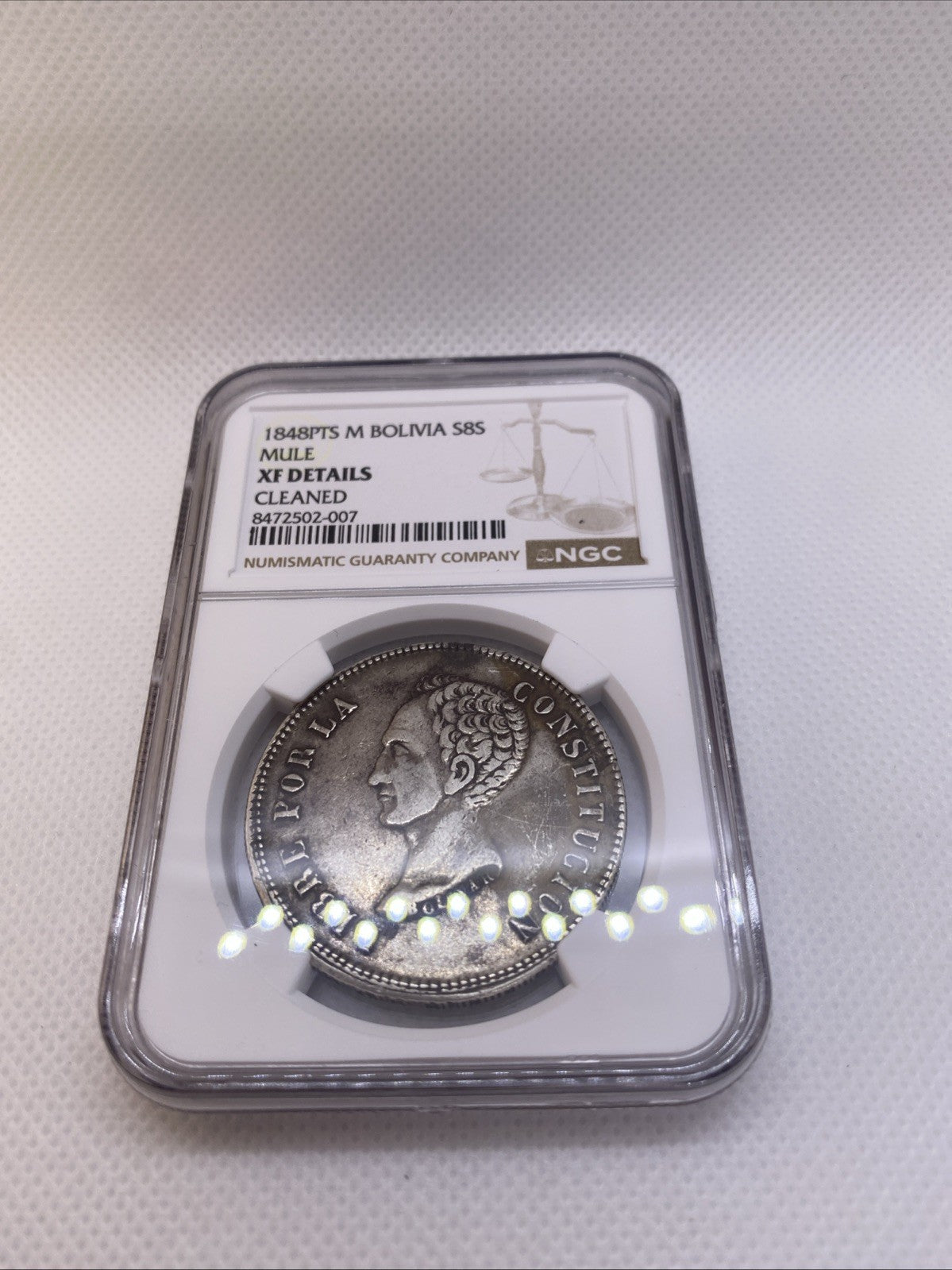 1848 PTS M Potosi Mint Bolivia 8 Soles Silver NGC XF Det Cleaned Silver Coin