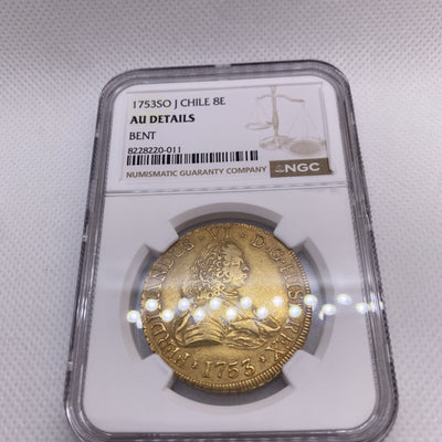 1753 SO J Chile 8 Escudos Gold Coin NGC AU Graded RARE