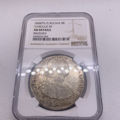 1808 PTS PJ SILVER CHARLES IIII 8 REALES BOLIVIA NGC AU VERY RARE AU #420-004