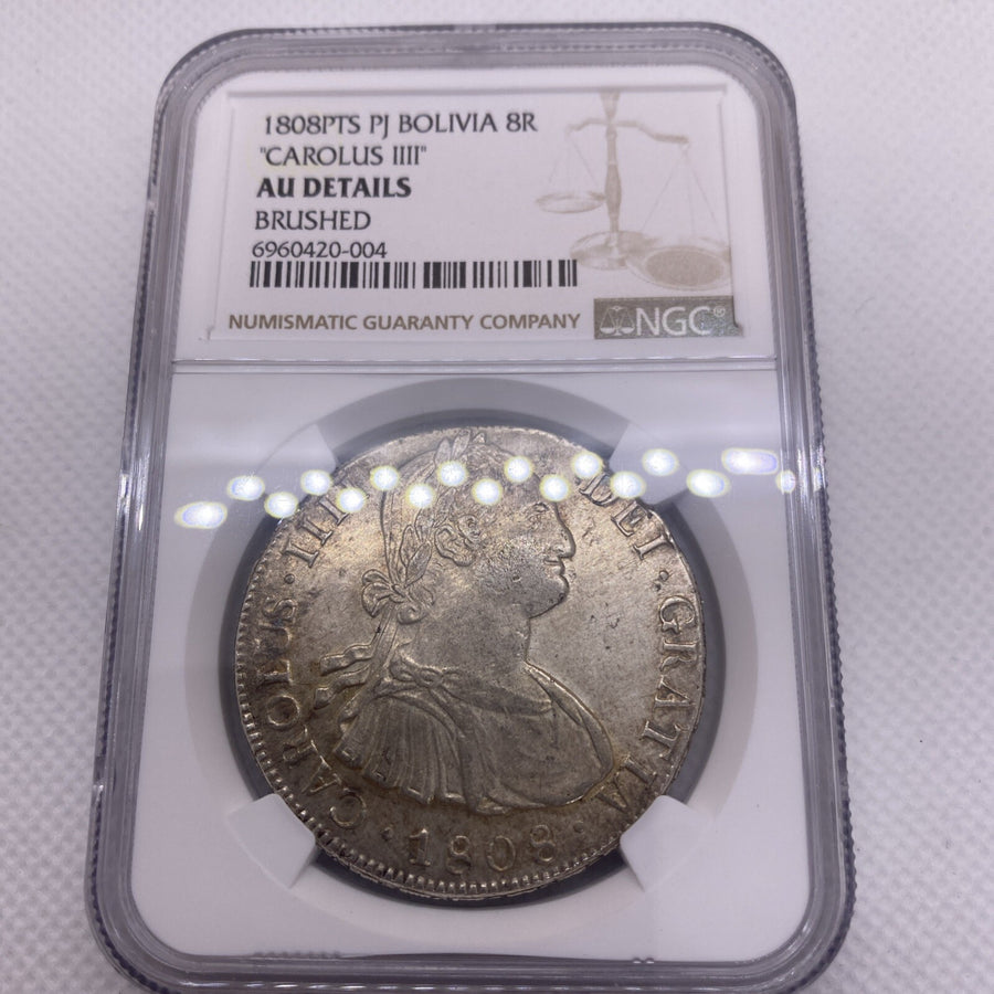 1808 PTS PJ SILVER CHARLES IIII 8 REALES BOLIVIA NGC AU VERY RARE AU #420-004