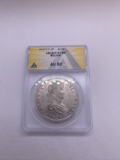 1818 PTS PJ Bolivia Silver 8R 8 Reales AU 50 Anacs Silver Potosi Mint #559