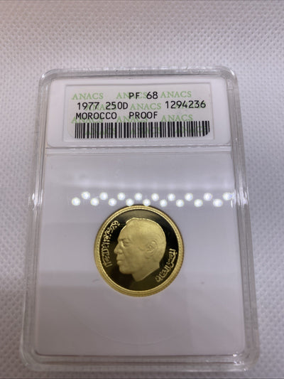 1977 250 Dirhams Morocco Old ANACS PF68 Holder Low 800 Mintage Gold Coin Rare