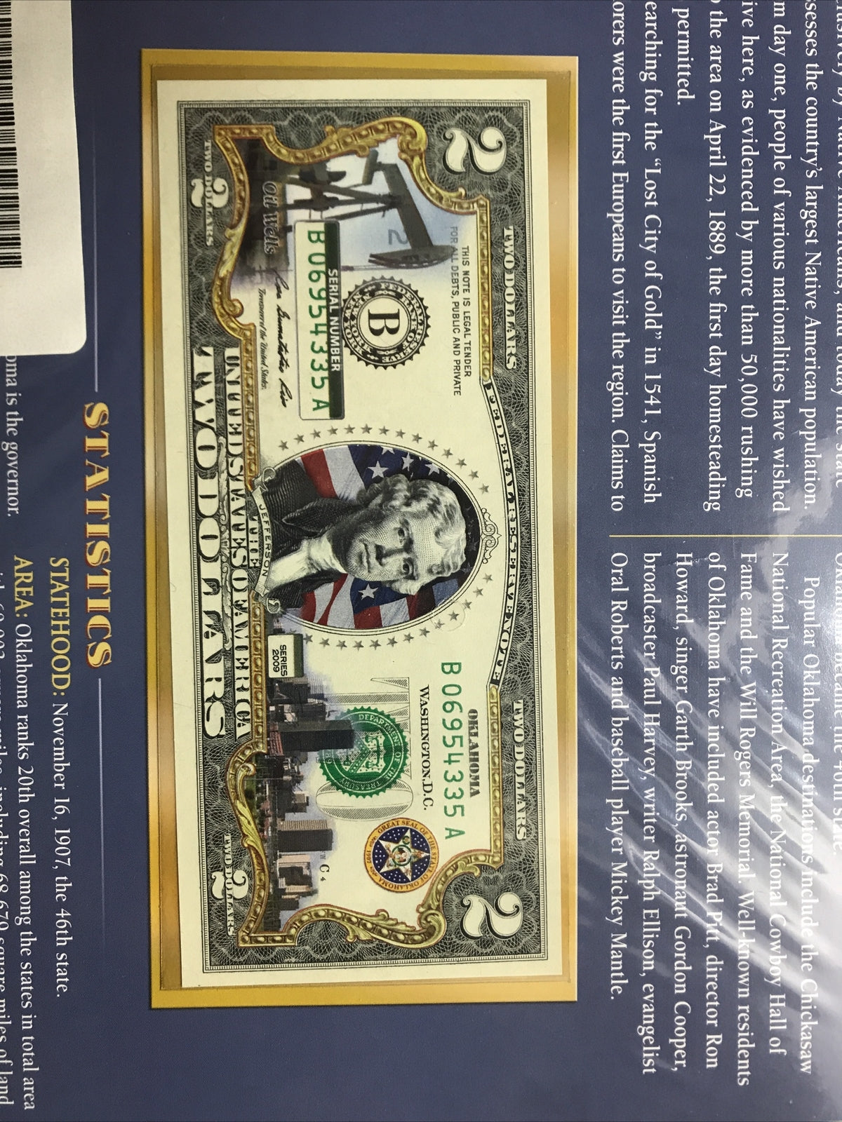 COLORIZED $2 NOTE SET VERMONT and OKLAHOMA GENUINE LEGAL TENDER