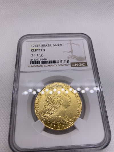 1761 R Brazil 6400R 6400 Reis NGC Graded Mint Error CLIPPED RARE Gold Coin