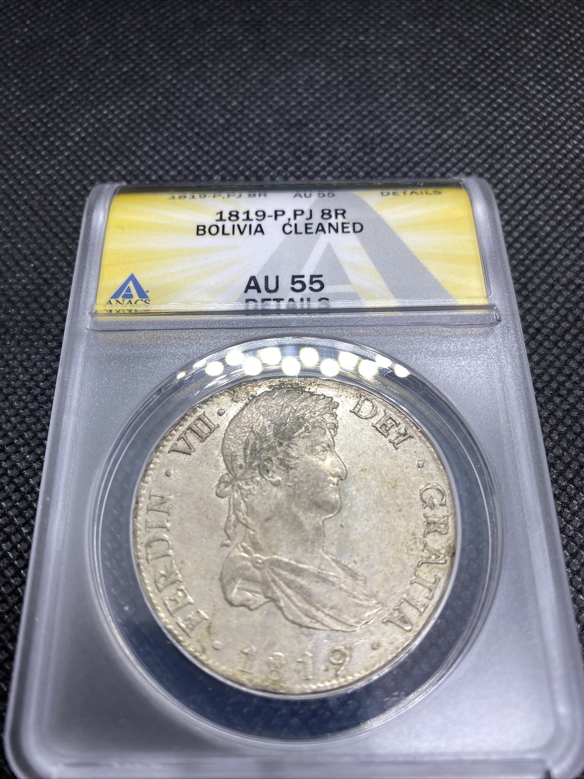 1819 PTS PJ Bolivia Silver 8R 8 Reales AU 55 Details Anacs Silver Potosi #555