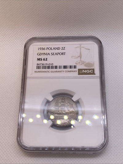 1936 Poland 2 Zlotych Gdynia Seaport Silver Coin NGC MS62 Beautiful Toning Rare