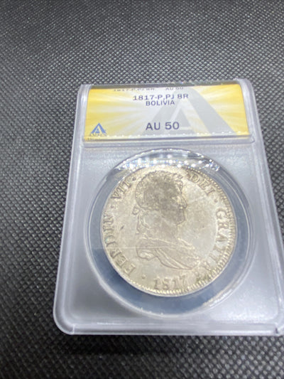 1817 PTS Bolivia 8 Reales 8R Anacs AU50 Silver Coin Colonial Rare