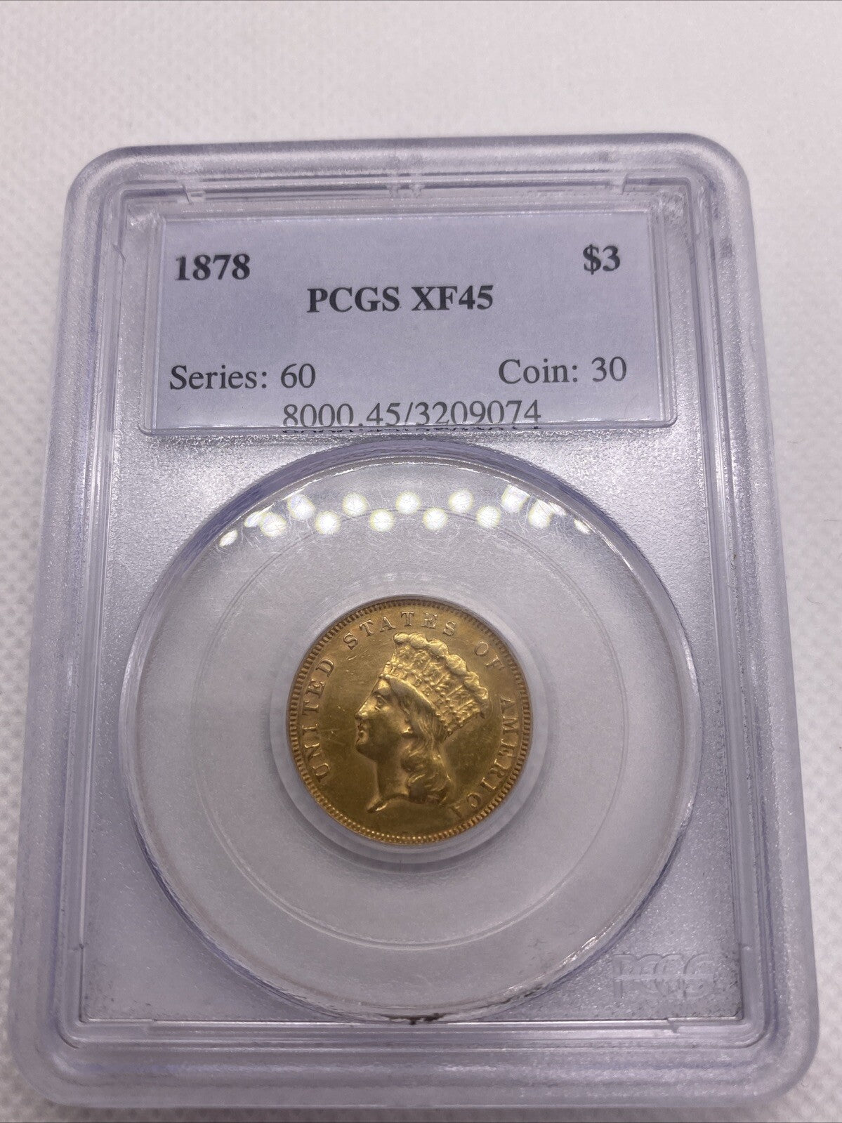 1878 $3 PCGS XF45 Gold Indian Princess Head Three Dollar, Old PCGS Slab +++